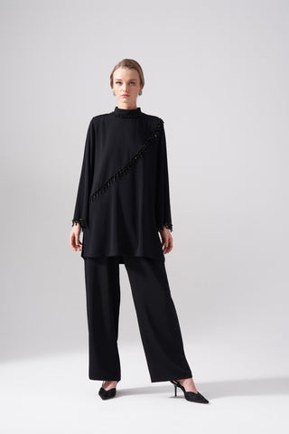 Sallantı Boncuk İşleme Detaylı İkili Takım - siyah