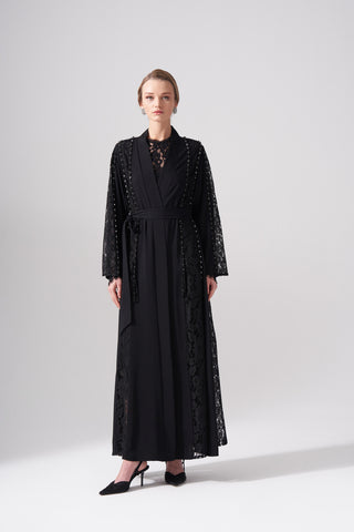 Dantelli Boncuk İşleme Detaylı Abaya - siyah