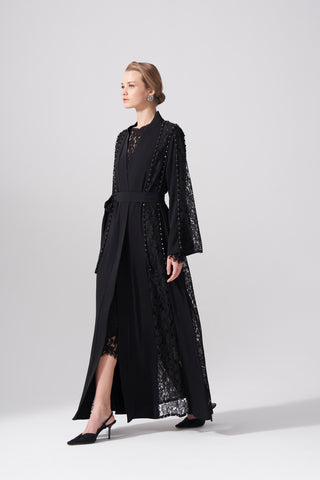 Dantelli Boncuk İşleme Detaylı Abaya - siyah
