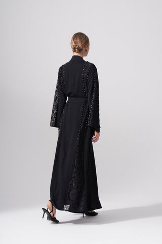 Dantelli Boncuk İşleme Detaylı Abaya - siyah