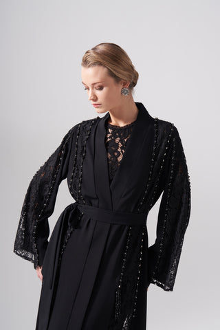 Dantelli Boncuk İşleme Detaylı Abaya - siyah