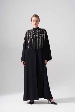 Elişi Sallantı Taş Detaylı Abaya - siyah