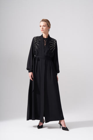 Omuzları Taş ve Boncuk İşleme Detaylı Abaya - siyah