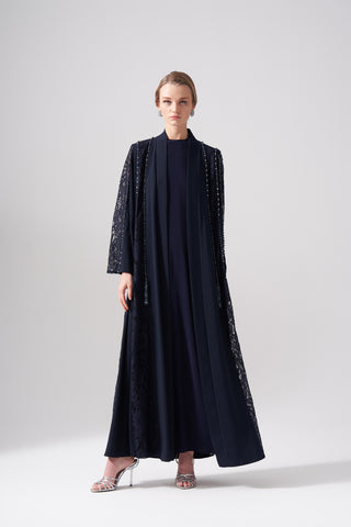 Dantelli Boncuk İşleme Detaylı Abaya - lacivert