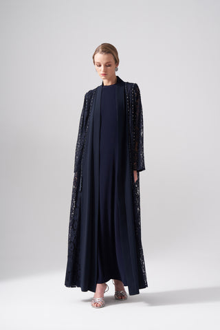 Dantelli Boncuk İşleme Detaylı Abaya - lacivert