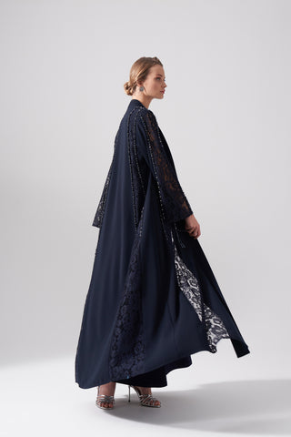 Dantelli Boncuk İşleme Detaylı Abaya - lacivert