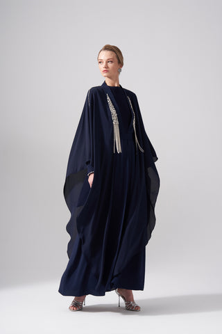 Omuzları Taş İşleme Önü Zincirli Abaya - lacivert