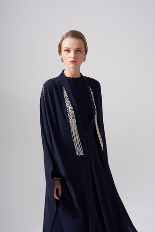 Omuzları Taş İşleme Önü Zincirli Abaya - lacivert
