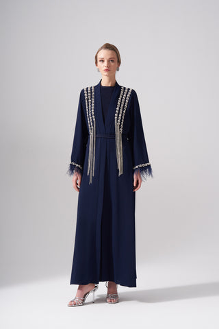 Elişi ve Tüy Detaylı Sallantı Taşlı Abaya - lacivert