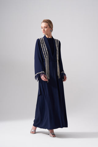 Elişi ve Tüy Detaylı Sallantı Taşlı Abaya - lacivert