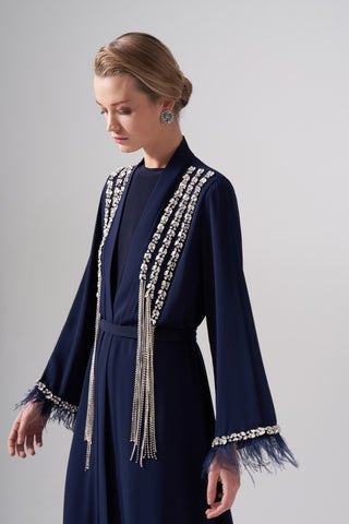 Elişi ve Tüy Detaylı Sallantı Taşlı Abaya - lacivert