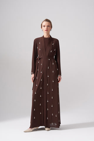 Taş İşlemeli İkili Takım Abaya - kahve
