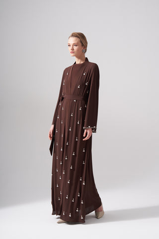 Taş İşlemeli İkili Takım Abaya - kahve