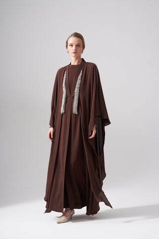 Omuzları Taş İşleme Önü Zincirli Abaya - kahve