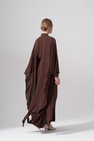 Omuzları Taş İşleme Önü Zincirli Abaya - kahve
