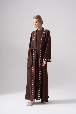 Kolları ve Ön Bant Elişi Detaylı Abaya - kahve