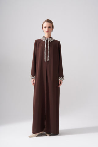 Kolları ve Yakası Elişi Detaylı Reglan Kol Abaya - kahve