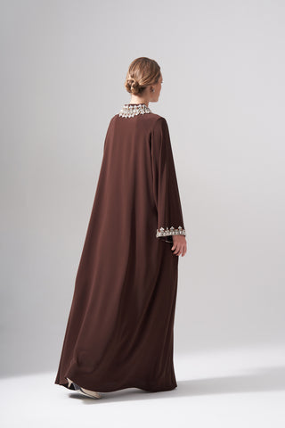 Kolları ve Yakası Elişi Detaylı Reglan Kol Abaya - kahve
