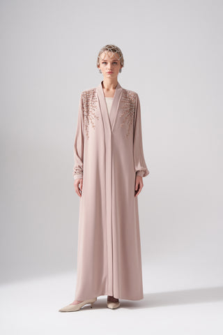 Omuzları Taş ve Boncuk İşleme Detaylı Abaya - bej