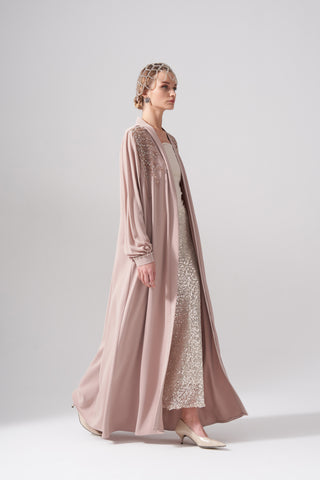 Omuzları Taş ve Boncuk İşleme Detaylı Abaya - bej
