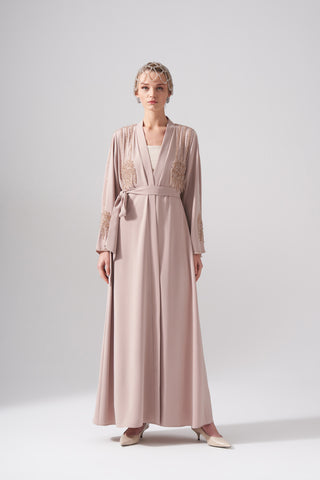 Omuz Ve Göğüs Boncuk İşleme Detaylı Abaya - koyu bej