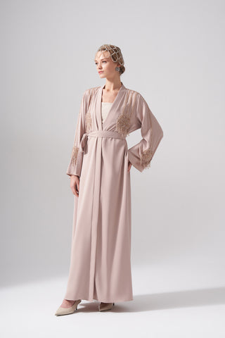 Omuz Ve Göğüs Boncuk İşleme Detaylı Abaya - koyu bej