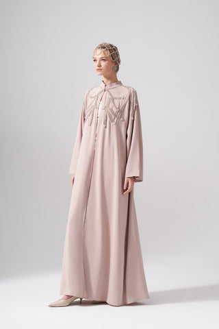 Omuzları ve Yakası Özel Sıra Elişi Taş İşlemeli Abaya - bej