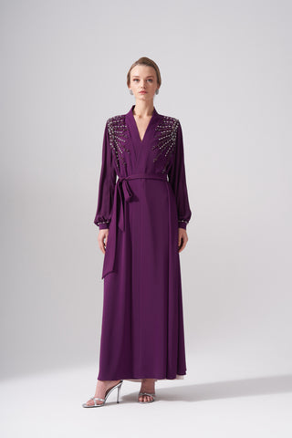 Omuzları Taş ve Boncuk İşleme Detaylı Abaya - mürdüm