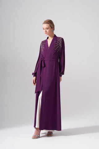 Omuzları Taş ve Boncuk İşleme Detaylı Abaya - mürdüm