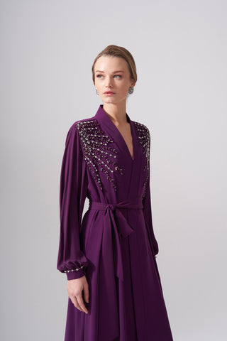 Omuzları Taş ve Boncuk İşleme Detaylı Abaya - mürdüm