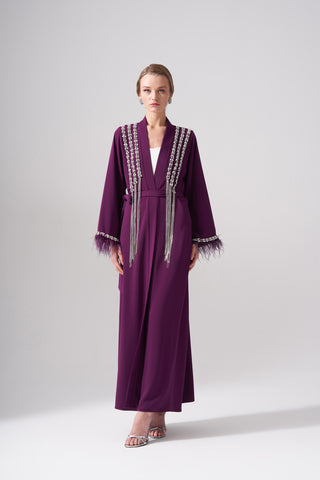 Elişi ve Tüy Detaylı Sallantı Taşlı Abaya - mürdüm