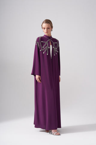 Omuzları ve Yakası Özel Sıra Elişi Taş İşlemeli Abaya - mürdüm