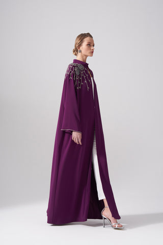 Tek Omuz Elişi Detaylı Reglan Kol Abaya - mürdüm