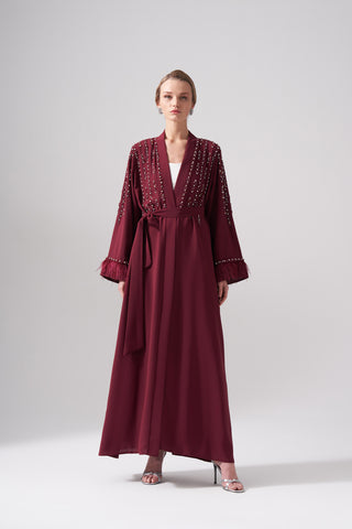Tüy ve Elişi Detaylı Elbise - bordo