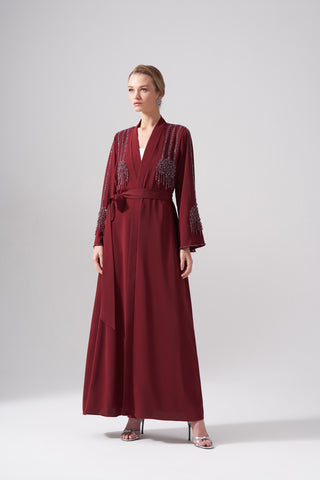 Omuz Ve Göğüs Boncuk İşleme Detaylı Abaya - bordo