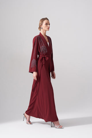Omuz Ve Göğüs Boncuk İşleme Detaylı Abaya - bordo