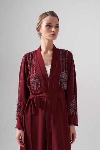Omuz Ve Göğüs Boncuk İşleme Detaylı Abaya - bordo
