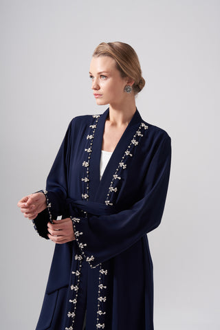 Kolları ve Ön Bant Elişi Detaylı Abaya - lacivert