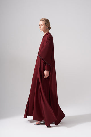 Hakim Yaka Boncuk İşleme Detaylı Abaya - bordo