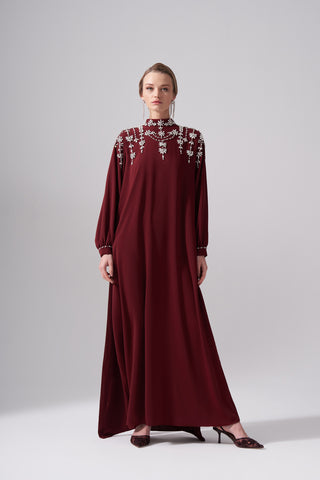 Arkası Şifon Detaylı Elişi Elbise - bordo