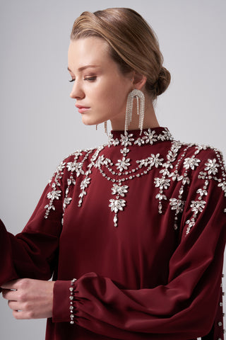 Arkası Şifon Detaylı Elişi Elbise - bordo