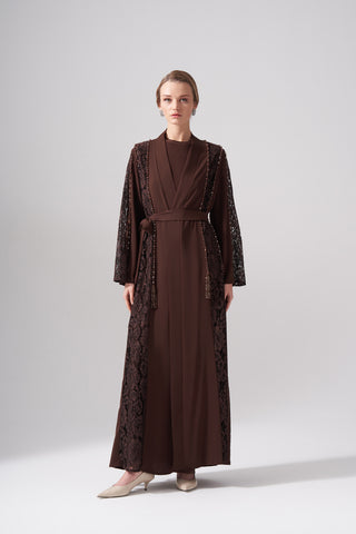 Dantelli Boncuk İşleme Detaylı Abaya - kahve