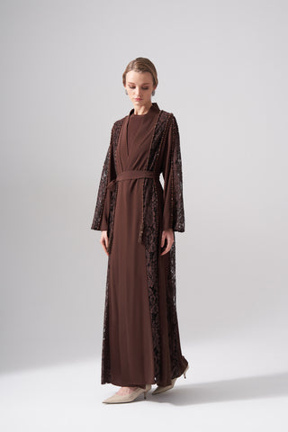 Dantelli Boncuk İşleme Detaylı Abaya - kahve