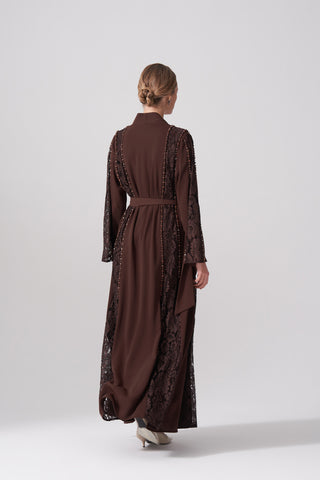 Dantelli Boncuk İşleme Detaylı Abaya - kahve