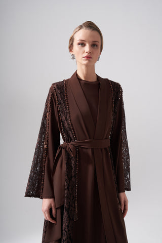 Dantelli Boncuk İşleme Detaylı Abaya - kahve