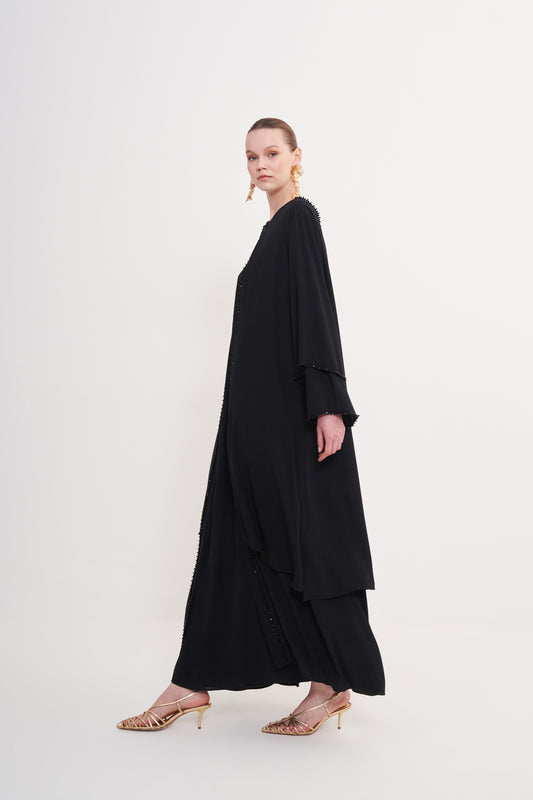 Önü Boydan Boncuk İşleme Detaylı Abaya - siyah