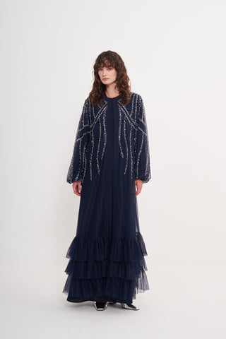 Taş Yapıştırma ve Çakım Detaylı Tül Abaya - Lacivert