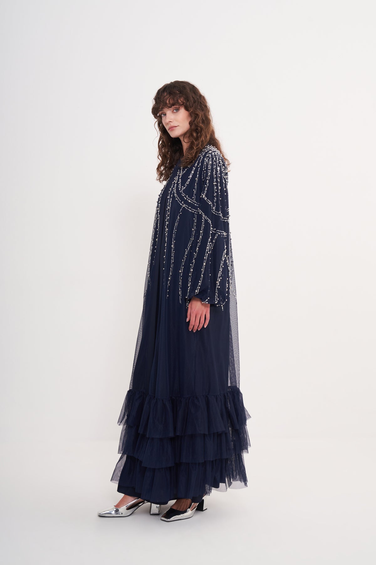 Taş Yapıştırma ve Çakım Detaylı Tül Abaya - Lacivert