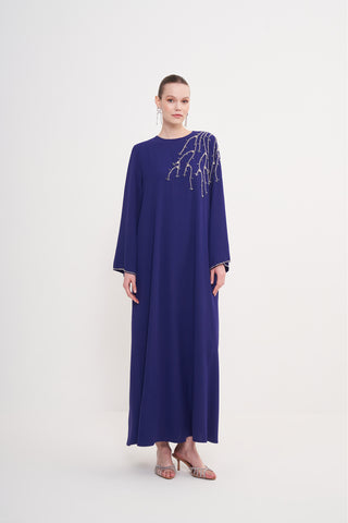 Kol Ucu ve Omuz Kısmında Taş İşlemeli Elbise - MORCİVERT