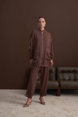 Cep ve Önü Fermuar Detaylı Ceket Takım - kahve